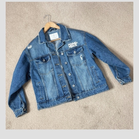NEW Cotton On Denim Jacket Femme Fierce Graphic Worn In Statement Denim Jacket - Picture 7 of 15